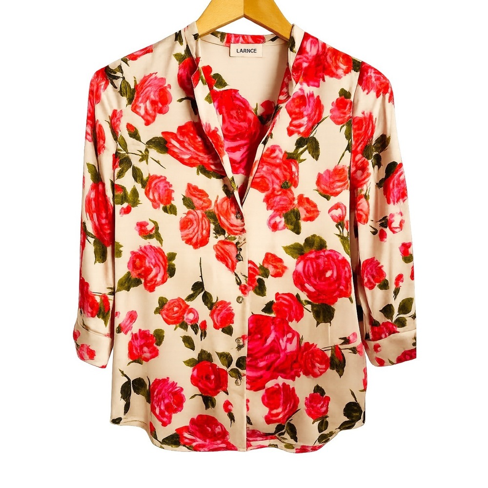 L'AGENCE Size XS Larnce Silk Floral Blouse Pink Red Rose Print Button Down Top